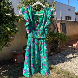 FAVLUX fashion green floral dress with ruffle sleeve, size S